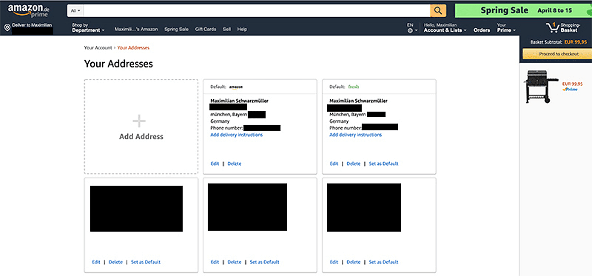 The amazon profile page displays lots of personal data that's part of the HTML code.