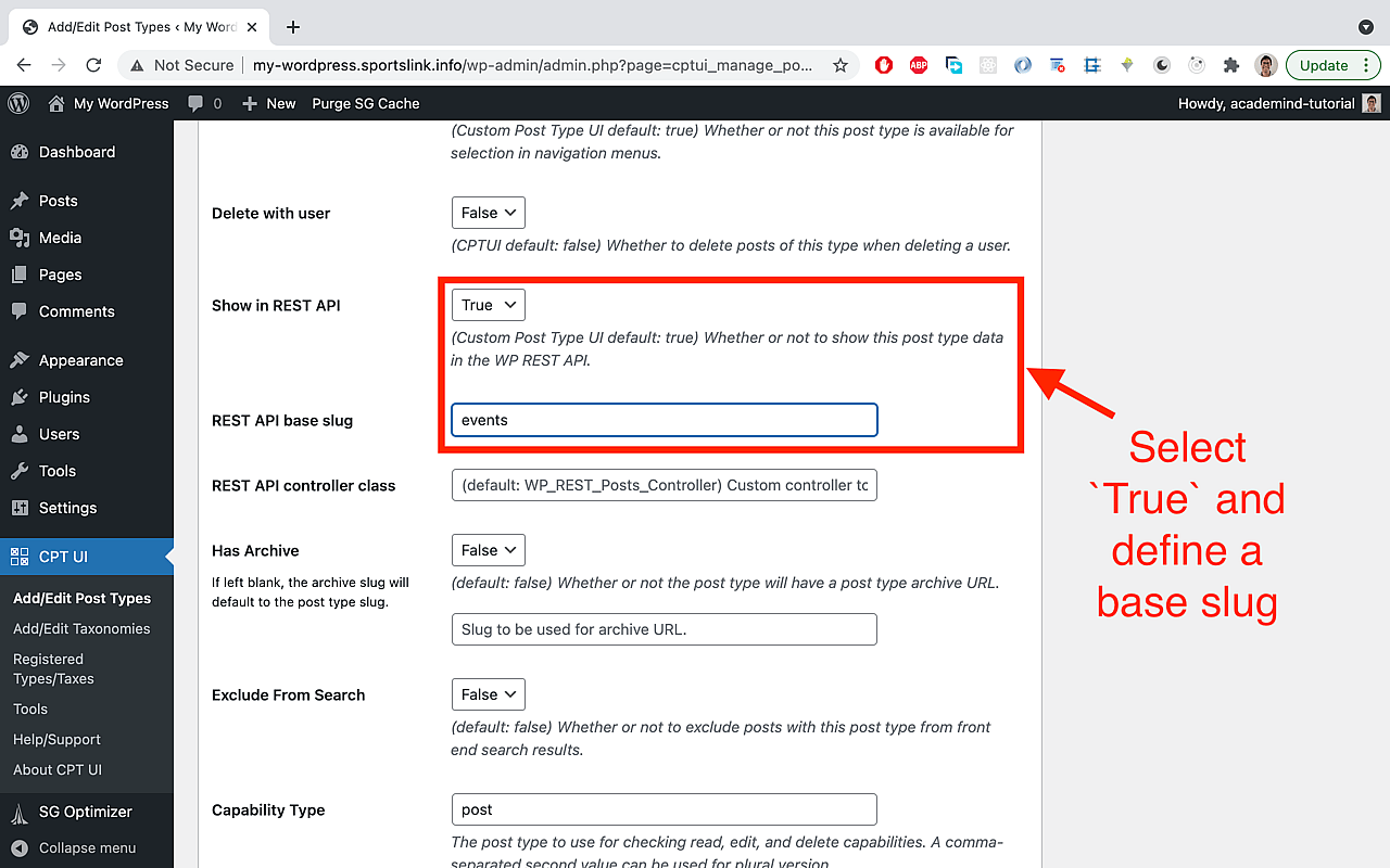 Set 'Show in REST API' to 'True' and add 'events' as a 'base slug' value.