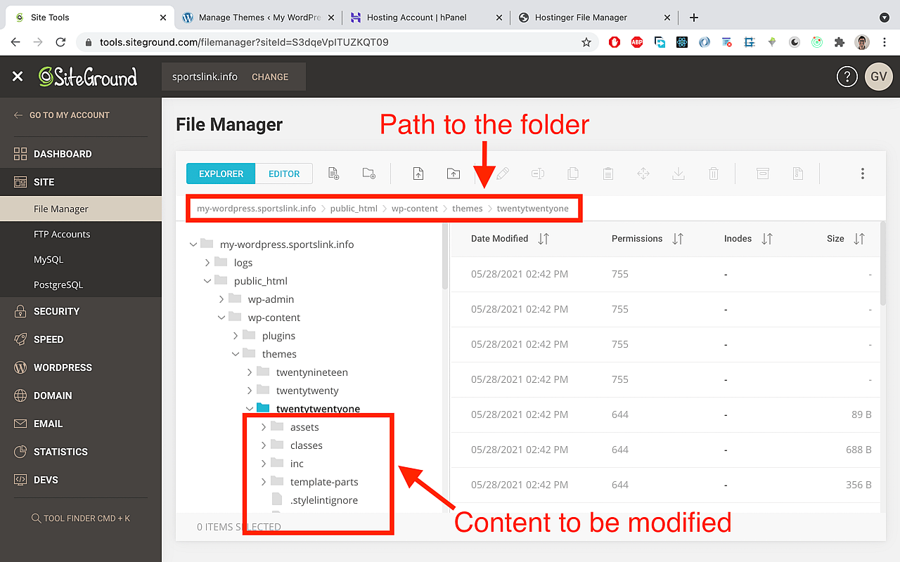 On Siteground, you can choose 'Site' and then 'File Manager'. There you find the path to the folder with your code. Choose a folder with your theme name there. You can modify the files in there to adjust the theme.