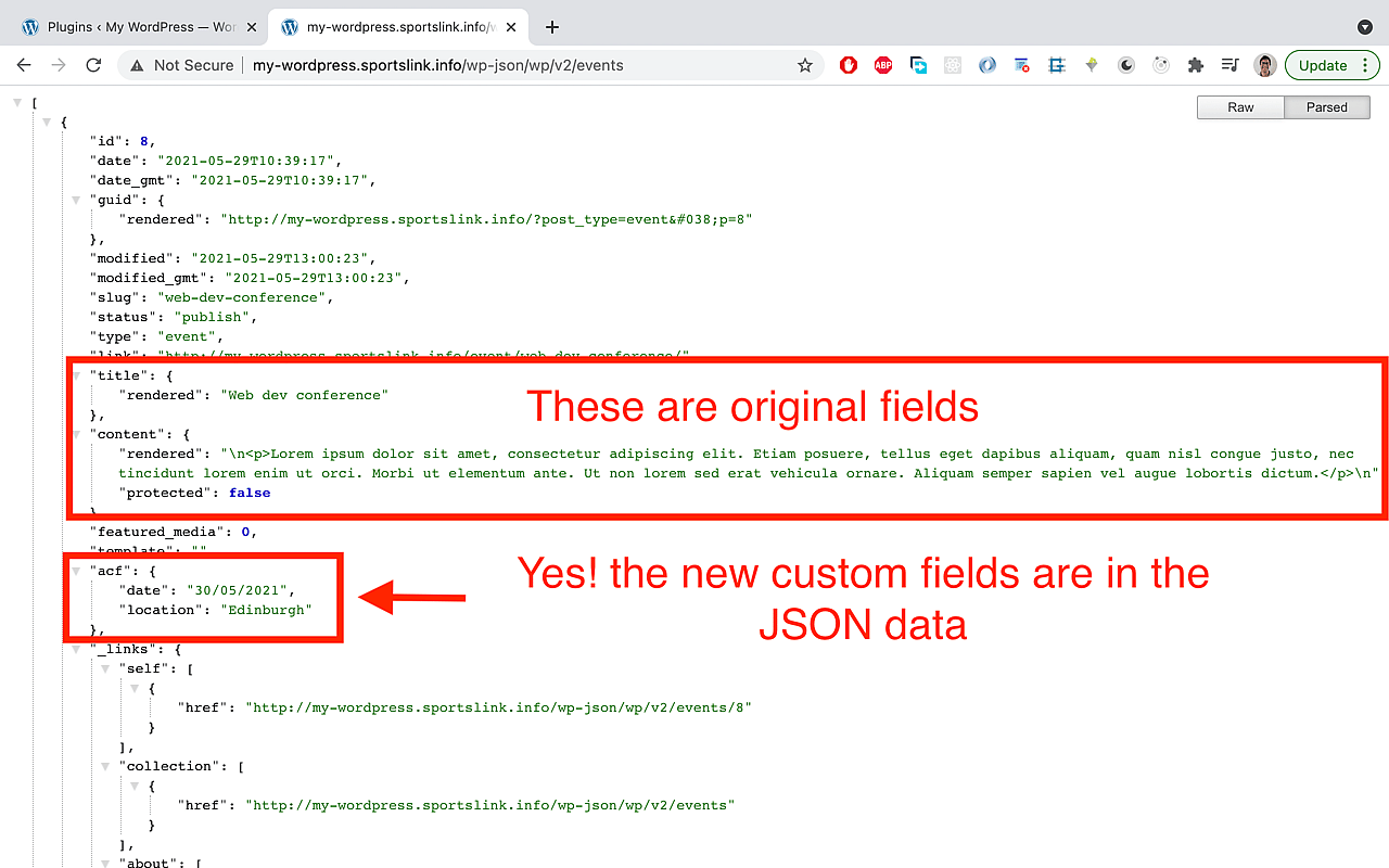 If you send another GET request to the endpoint, the newly added field data should be found.