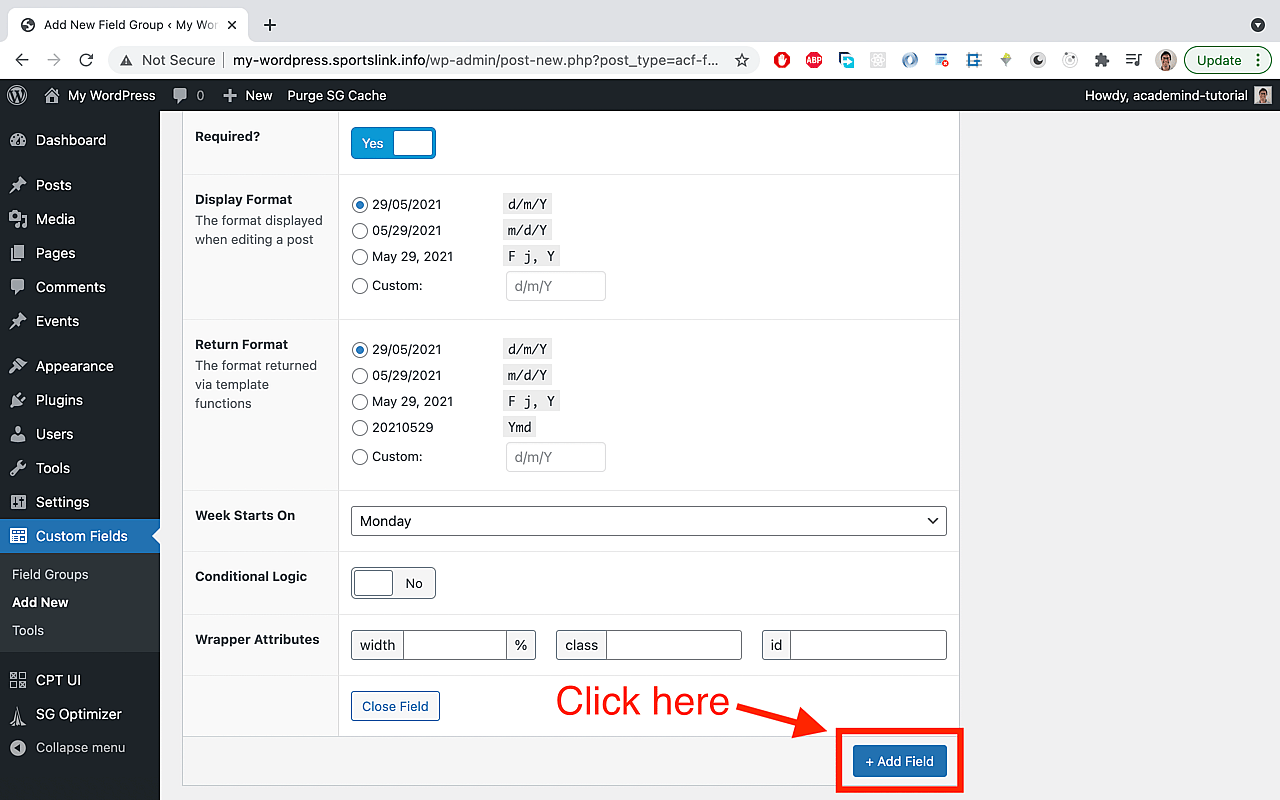 Click 'Add Field' at the bottom of the page.