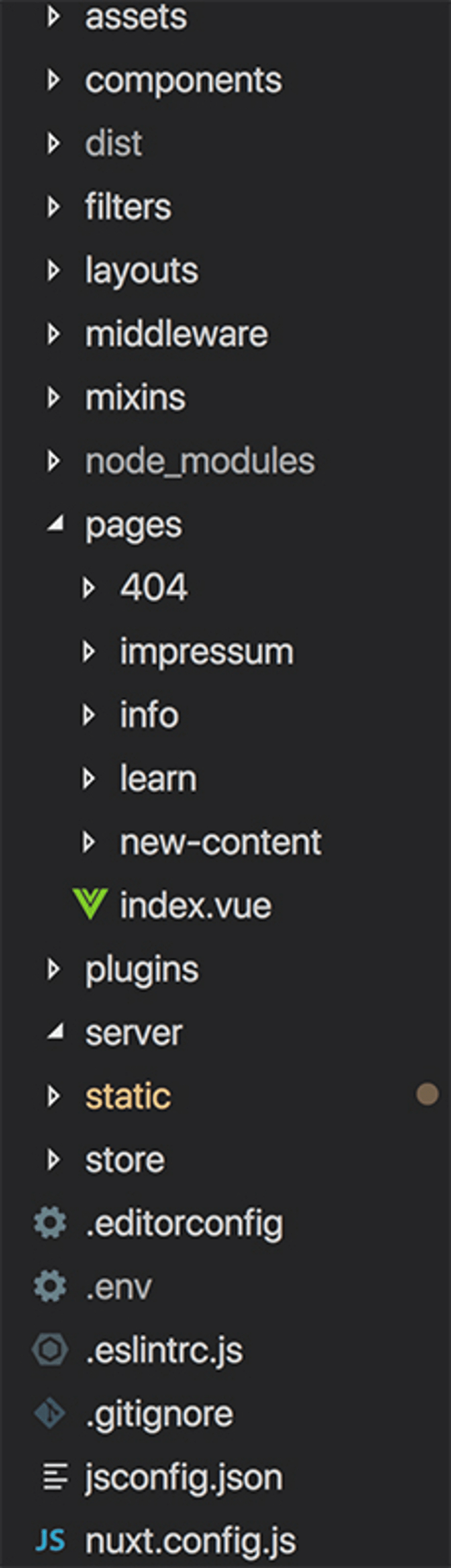A typical Nuxt.js folder structure.