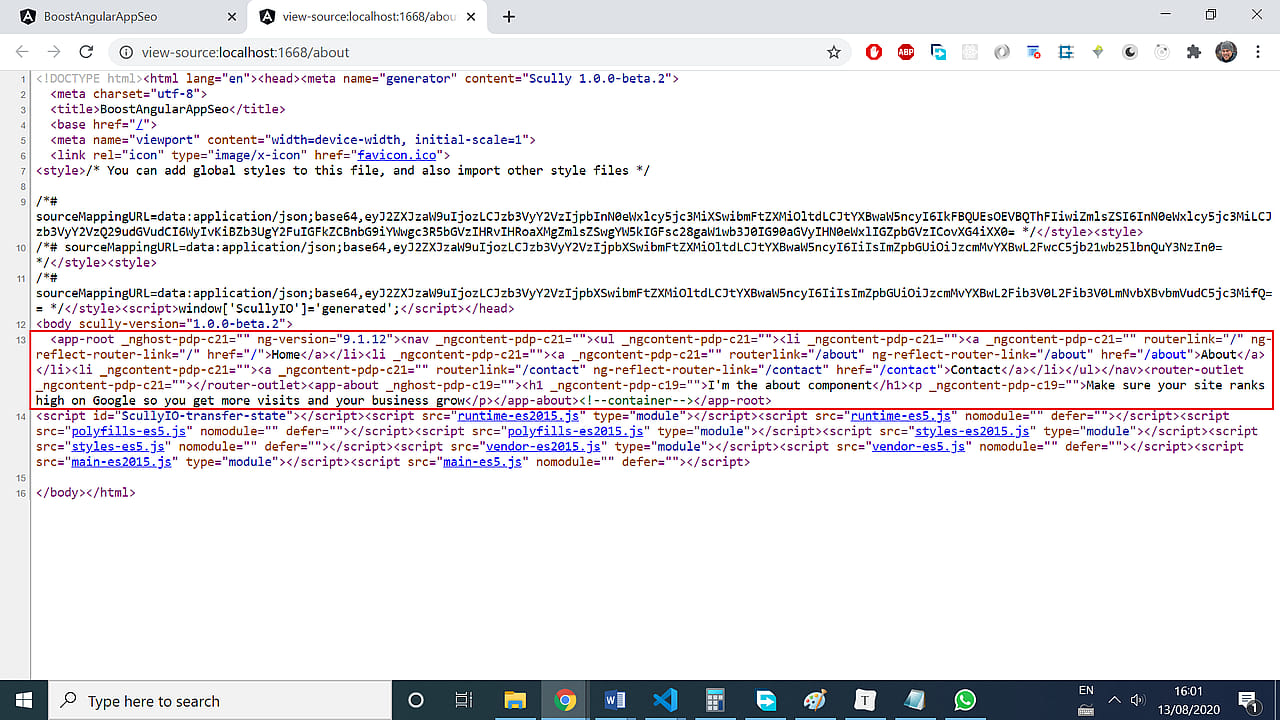 View source code of about route with Scully