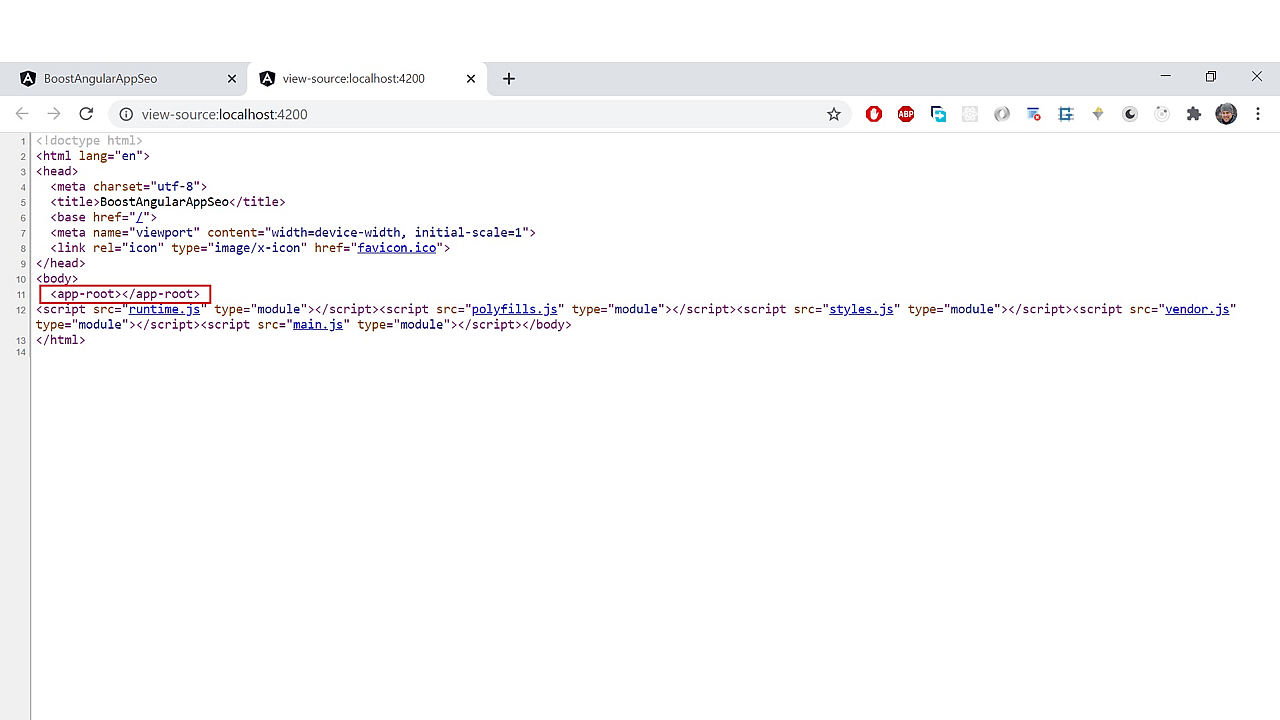 The source code of the rendered page is pretty empty.
