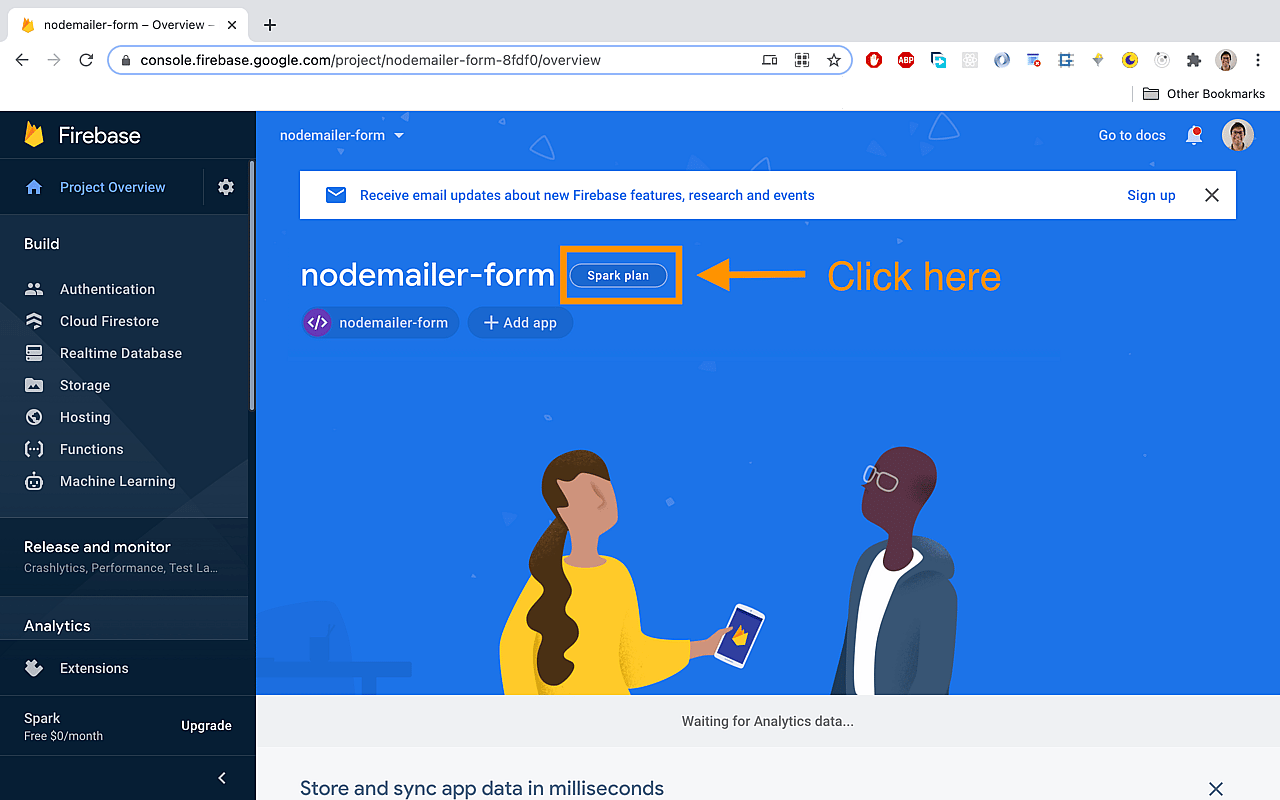 Click on the 'Spark plan' next to your project name in Firebase' console.