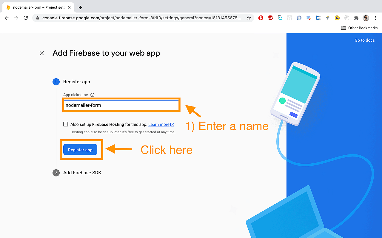 Enter a project name and click on 'Register app'