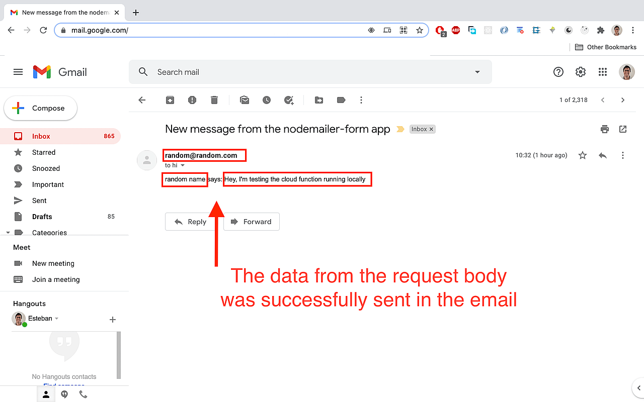 Open the email and you should see the request data in there.